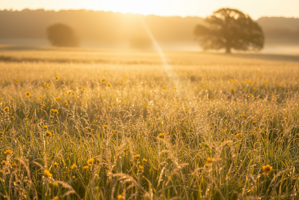 sunny pasture shot on high resolution camera. the scene is at golden hour with dappled sunshine beams through tall grass